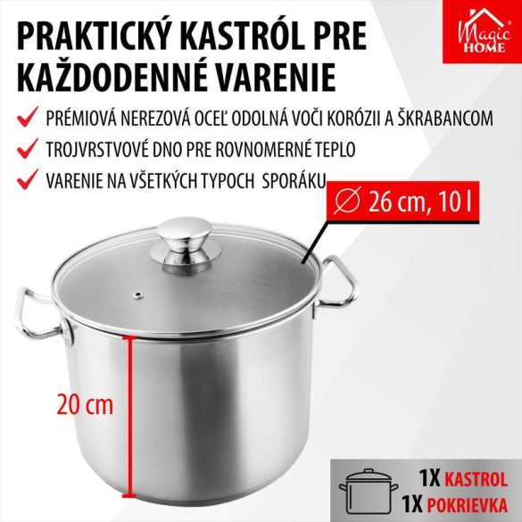 Lábas, MagicHome Chloe, 26 cm, 10 l, ezüst, üvegfedővel, 304 rozsdamentes acél, háromrétegű alj, minden főzőlapra, mosogatógépben mosható