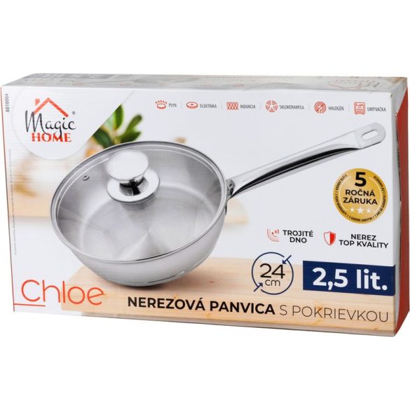 Lábas, MagicHome Chloe, 30 cm, 15 l, ezüst, üvegfedővel, 304 rozsdamentes acél, háromrétegű alj, minden főzőlapra, mosogatógépben mosható