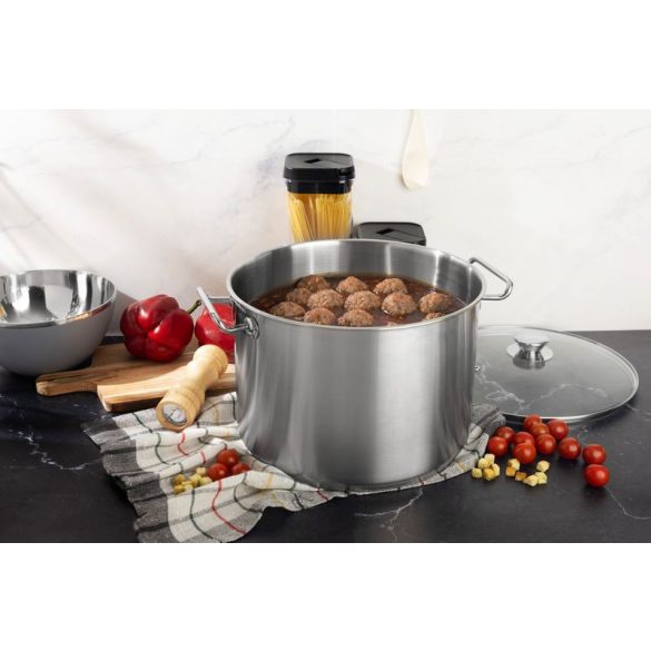 Lábas, MagicHome Chloe, 30 cm, 15 l, ezüst, üvegfedővel, 304 rozsdamentes acél, háromrétegű alj, minden főzőlapra, mosogatógépben mosható