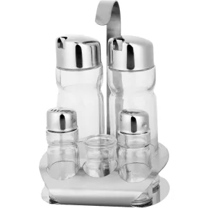 Fűszertartó készlet, MagicHome, 2 × 175 ml + 2 × 40 ml fűszeres üvegek, rozsdamentes acél állvánnyal, fogpiszkálótartóval