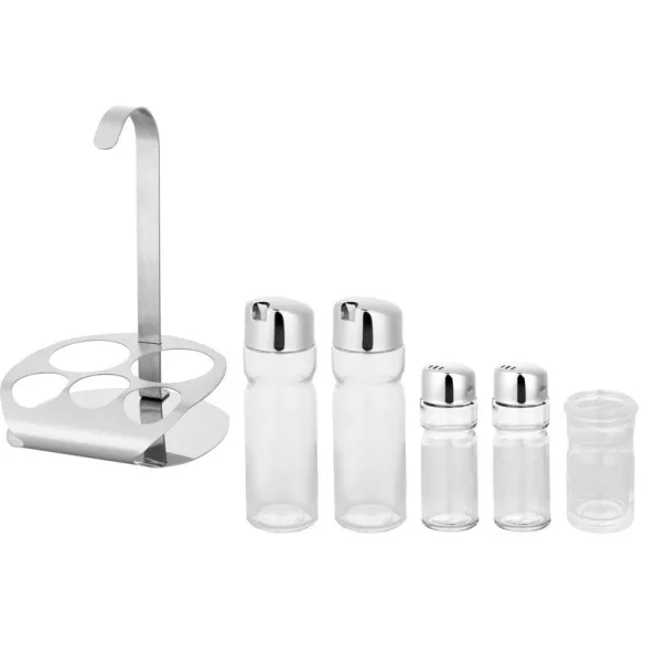 Fűszertartó készlet, MagicHome, 2 × 175 ml + 2 × 40 ml fűszeres üvegek, rozsdamentes acél állvánnyal, fogpiszkálótartóval