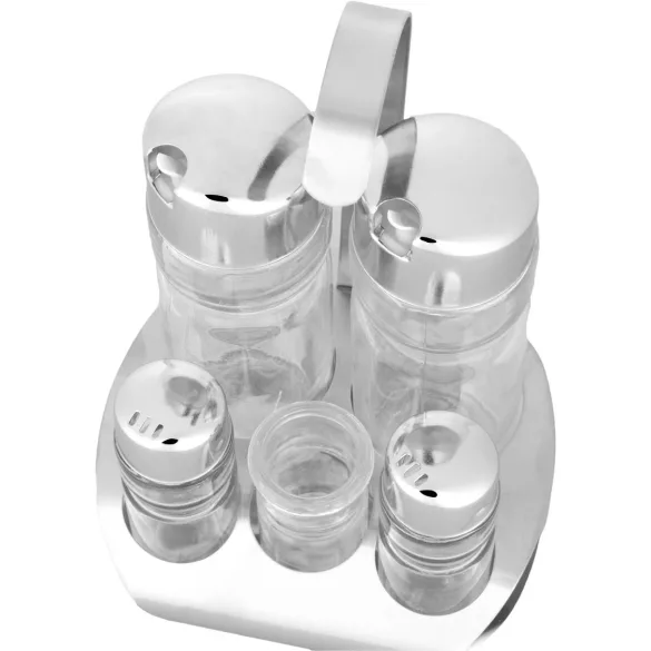 Fűszertartó készlet, MagicHome, 2 × 175 ml + 2 × 40 ml fűszeres üvegek, rozsdamentes acél állvánnyal, fogpiszkálótartóval