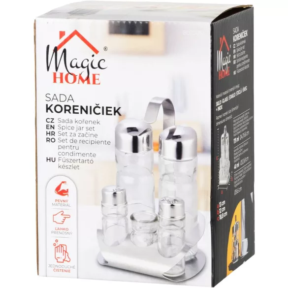 Fűszertartó készlet, MagicHome, 2 × 175 ml + 2 × 40 ml fűszeres üvegek, rozsdamentes acél állvánnyal, fogpiszkálótartóval