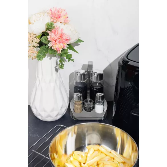 Fűszertartó készlet, MagicHome, 2 × 175 ml + 2 × 40 ml fűszeres üvegek, rozsdamentes acél állvánnyal, fogpiszkálótartóval