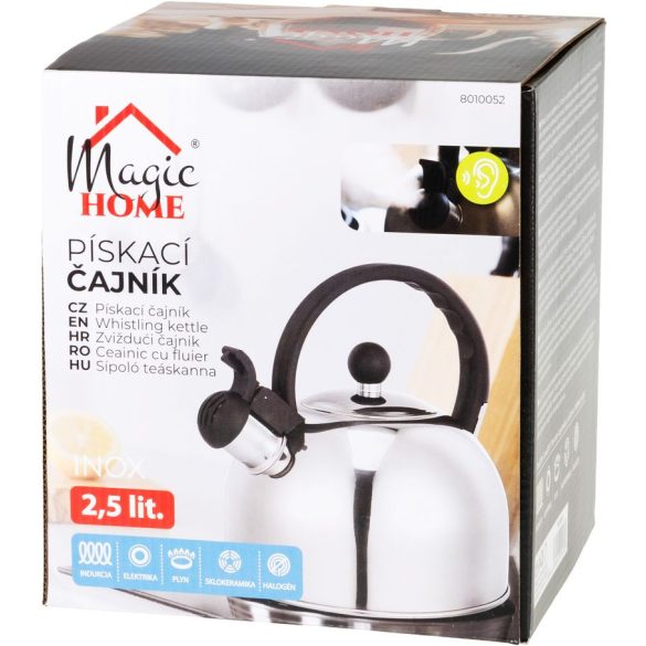 Teáskanna, MagicHome, 2500 ml, ezüst, sípoló, rozsdamentes acél, indukciós kompatibilis, elektromos, gáz, kerámia és halogén főzőlappal használható