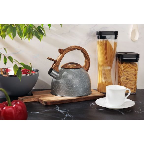 Teáskanna, MagicHome, 2500 ml, szürke, sípoló, rozsdamentes acél, fahatású fogantyú, indukciós kompatibilis