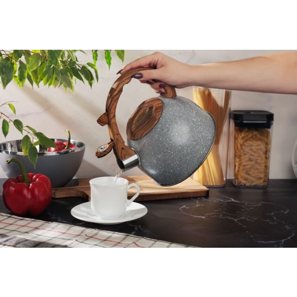 Teáskanna, MagicHome, 2500 ml, szürke, sípoló, rozsdamentes acél, fahatású fogantyú, indukciós kompatibilis