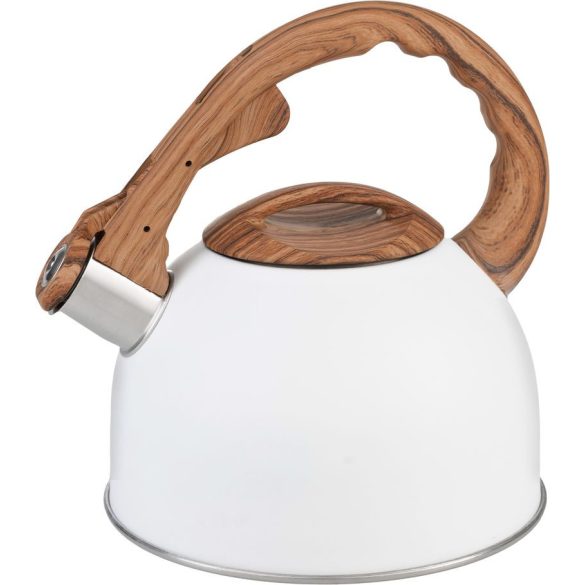 Teáskanna, MagicHome, 2500 ml, fehér, sípoló, rozsdamentes acél, fahatású fogantyú, indukciós kompatibilis