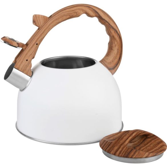 Teáskanna, MagicHome, 2500 ml, fehér, sípoló, rozsdamentes acél, fahatású fogantyú, indukciós kompatibilis