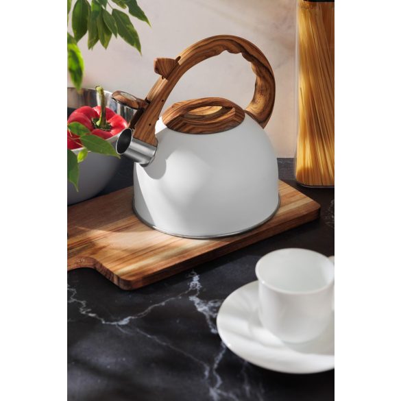 Teáskanna, MagicHome, 2500 ml, fehér, sípoló, rozsdamentes acél, fahatású fogantyú, indukciós kompatibilis