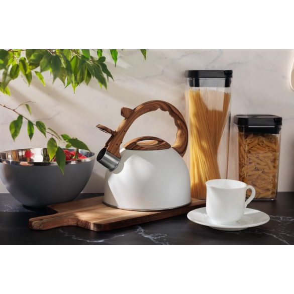 Teáskanna, MagicHome, 2500 ml, fehér, sípoló, rozsdamentes acél, fahatású fogantyú, indukciós kompatibilis