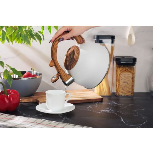 Teáskanna, MagicHome, 2500 ml, fehér, sípoló, rozsdamentes acél, fahatású fogantyú, indukciós kompatibilis