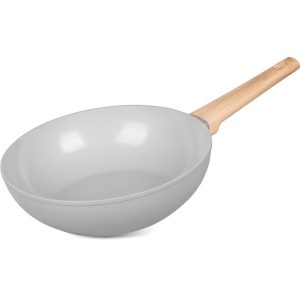 Wok serpenyő, MagicHome Harmony, 28 cm, világosszürke, kerámiabevonat, tapadásmentes, indukciós alj, ergonomikus fa hatású nyél, hőálló, könnyen tisztítható