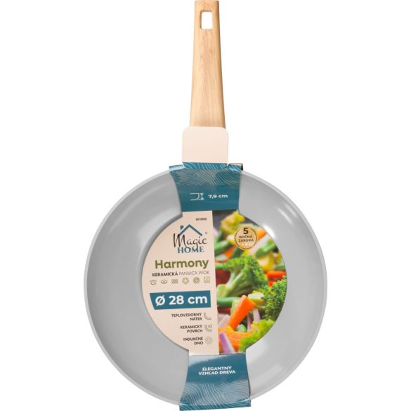 Wok serpenyő, MagicHome Harmony, 28 cm, világosszürke, kerámiabevonat, tapadásmentes, indukciós alj, ergonomikus fa hatású nyél, hőálló, könnyen tisztítható