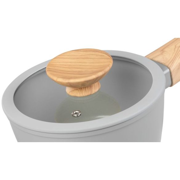 Nyeles lábas, MagicHome Harmony, 16 cm, 1,3 l, szürke, kerámiabevonatos, üvegfedővel, szilikon peremmel, indukciós