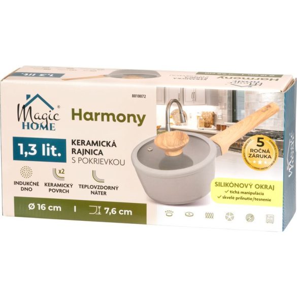 Nyeles lábas, MagicHome Harmony, 16 cm, 1,3 l, szürke, kerámiabevonatos, üvegfedővel, szilikon peremmel, indukciós