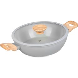   Lábas, MagicHome Harmony, 26 cm, 2,8 l, világosszürke, lapos, üvegfedővel, kerámia, tapadásmentes, indukciós alj, fa hatású fogantyúkkal