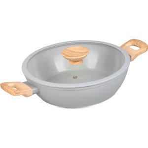 Lábas, MagicHome Harmony, 26 cm, 2,8 l, világosszürke, lapos, üvegfedővel, kerámia, tapadásmentes, indukciós alj, fa hatású fogantyúkkal
