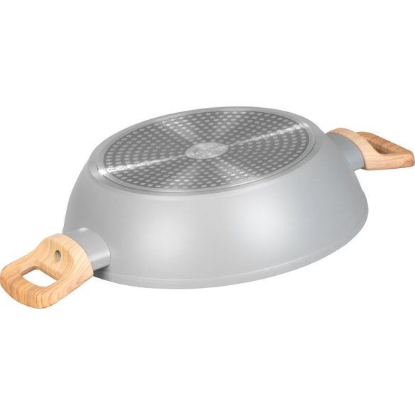 Lábas, MagicHome Harmony, 26 cm, 2,8 l, világosszürke, lapos, üvegfedővel, kerámia, tapadásmentes, indukciós alj, fa hatású fogantyúkkal