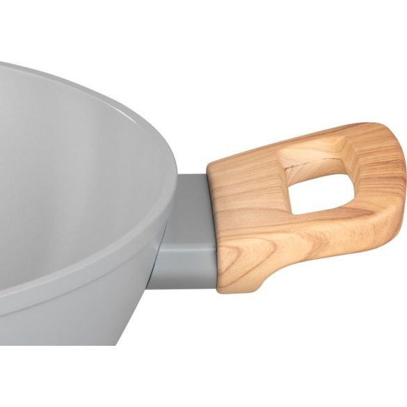 Lábas, MagicHome Harmony, 26 cm, 2,8 l, világosszürke, lapos, üvegfedővel, kerámia, tapadásmentes, indukciós alj, fa hatású fogantyúkkal
