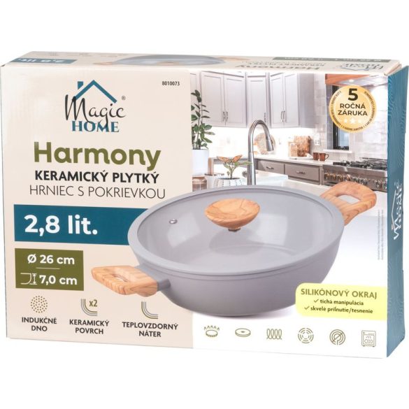 Lábas, MagicHome Harmony, 26 cm, 2,8 l, világosszürke, lapos, üvegfedővel, kerámia, tapadásmentes, indukciós alj, fa hatású fogantyúkkal