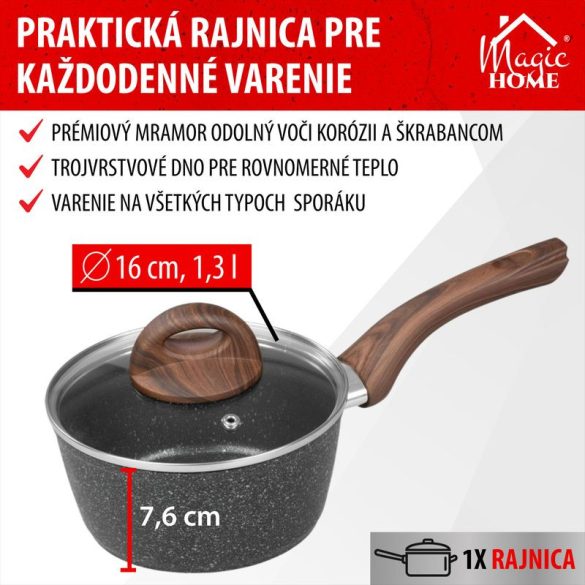 Nyeles lábas, MagicHome Black Marble Line, 16 cm, 1,3 l, fekete, márvány, üvegfedővel, tapadásmentes, indukciós, ergonomikus fa hatású nyél