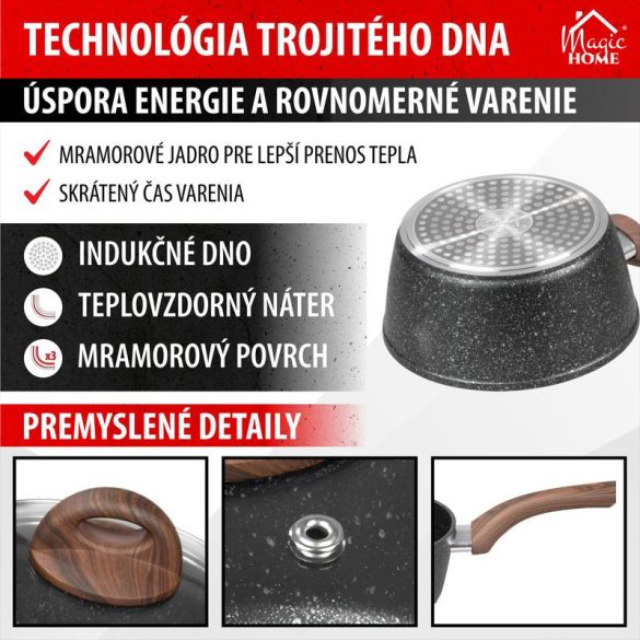 Nyeles lábas, MagicHome Black Marble Line, 16 cm, 1,3 l, fekete, márvány, üvegfedővel, tapadásmentes, indukciós, ergonomikus fa hatású nyél