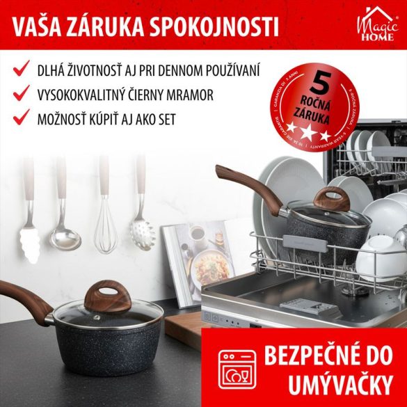 Nyeles lábas, MagicHome Black Marble Line, 16 cm, 1,3 l, fekete, márvány, üvegfedővel, tapadásmentes, indukciós, ergonomikus fa hatású nyél