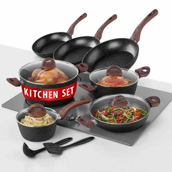 Edénykészlet, MagicHome Black Marble Line, fekete, 13 db, márvány, tapadásmentes bevonat, üvegfedőkkel, indukciós tűzhelyhez, ergonomikus fogantyúk