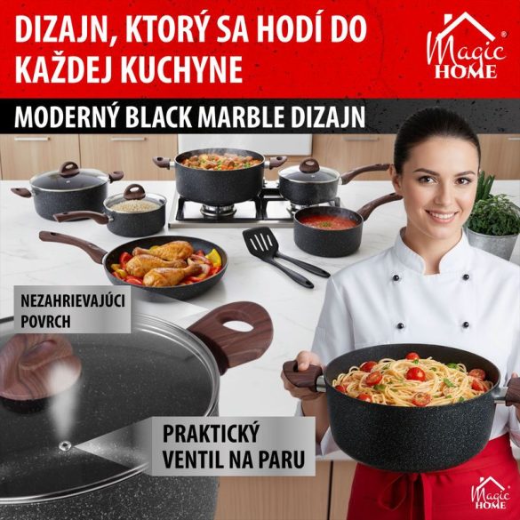 Edénykészlet, MagicHome Black Marble Line, fekete, 13 db, márvány, tapadásmentes bevonat, üvegfedőkkel, indukciós tűzhelyhez, ergonomikus fogantyúk