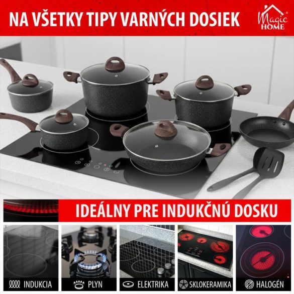 Edénykészlet, MagicHome Black Marble Line, fekete, 13 db, márvány, tapadásmentes bevonat, üvegfedőkkel, indukciós tűzhelyhez, ergonomikus fogantyúk