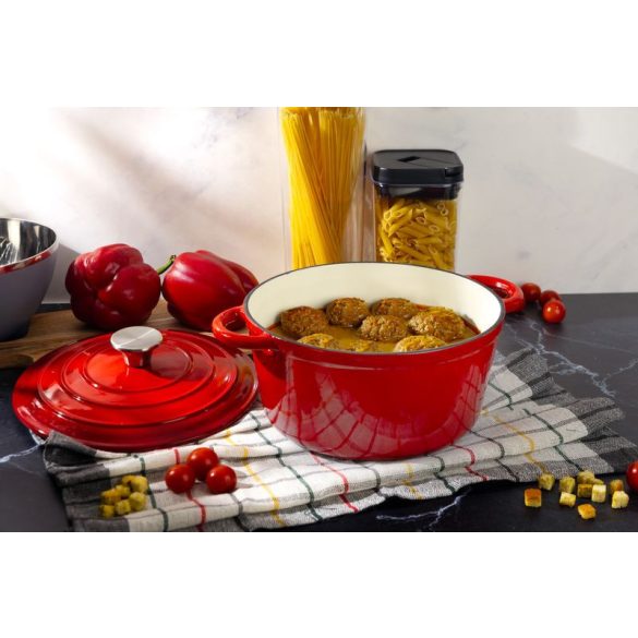 Lábas, MagicHome Castora Line, 24 cm, 4,0 l, piros, fedővel, zománcozott öntöttvas, sütőben használható, indukciós kompatibilis