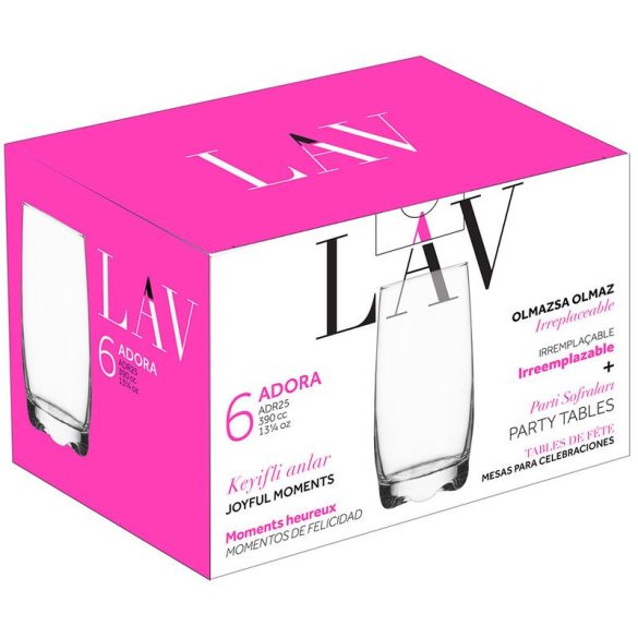 Ivópohár készlet, LAV Adora, 390 ml, 6 db, 6,1 × 14,5 cm, átlátszó, üveg, mosogatógépben mosható, magas, vízhez
