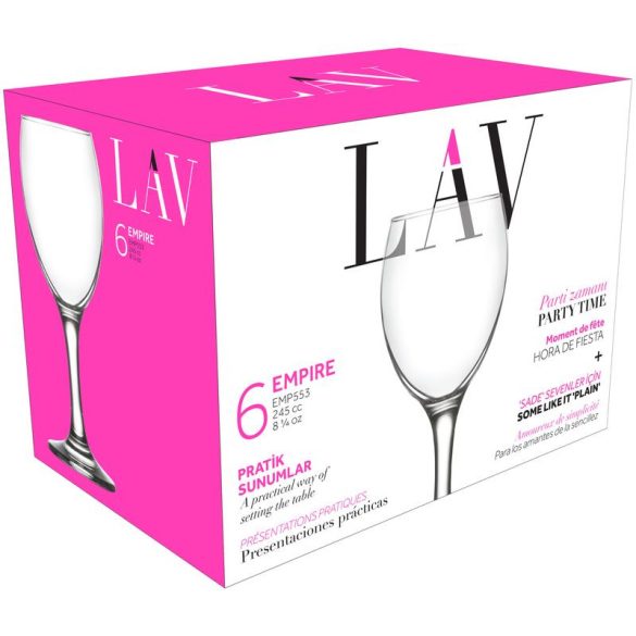 Borospohár készlet, LAV Empire, 245 ml, 6 db, 6,3 × 16,9 cm, átlátszó, üveg, vastag száras, mosogatógépben mosható