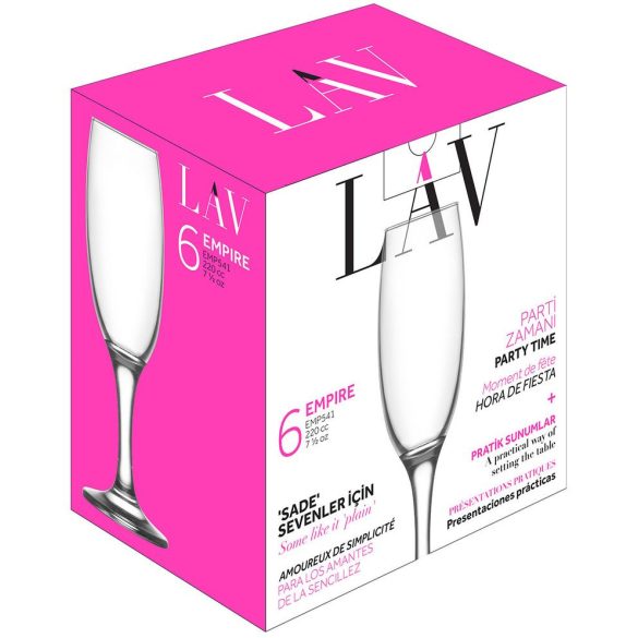 Pezsgőspohár készlet, LAV Empire, 220 ml, 6 db, 4,9 x 21 cm, átlátszó, üveg, száras, elegáns