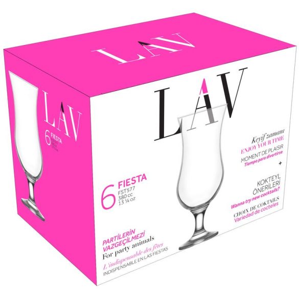 Koktélpohár készlet, LAV Fiesta, 390 ml, 6 db, 7,5 x 18,2 cm, átlátszó, üveg, rövid szárú, atipikus formájú