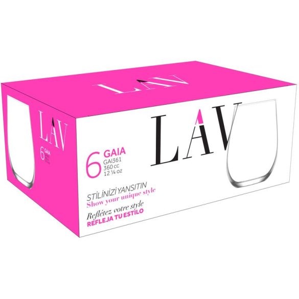 Ivópohár készlet, LAV Gaia, 360 ml, 6 db, 6,3 × 10 cm, átlátszó, üveg, mosogatógépben mosható, vízhez, alkoholos és alkoholmentes italokhoz