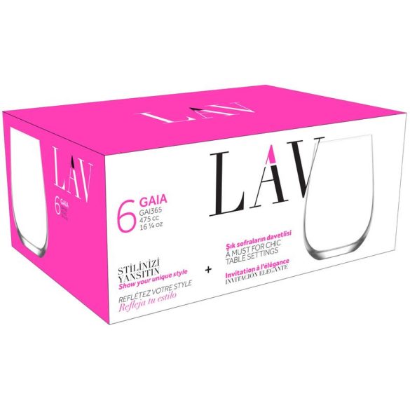 Ivópohár készlet, LAV Gaia, 475 ml, 6 db, 7 x 11,1 cm, átlátszó, üveg, vízhez és italokhoz, kényelmes fogású