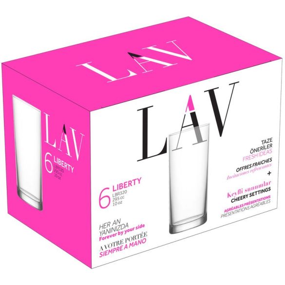 Ivópohár készlet, LAV Liberty, 295 ml, 6 db,  6,2 × 13,3 cm, átlátszó, üveg, magas kivitel, vízhez és üdítőkhöz