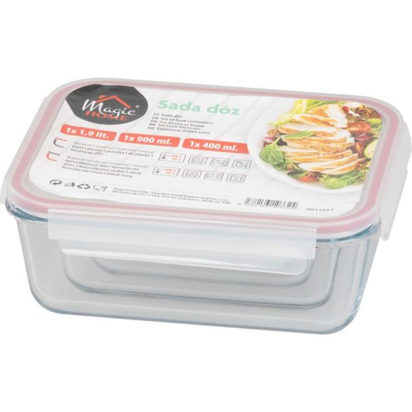Tárolódoboz szett, MagicHome, átlátszó, 3 db, 400/900/1900 ml, téglalap alakú, fedéllel, hermetikusan záródó, mosogatógépben mosható