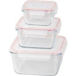   Tárolódoboz szett, MagicHome, átlátszó, 3 db, 450/1000/1900 ml, négyzet alakú, üveg, fedéllel, hermetikusan záródó, mosogatógépben mosható