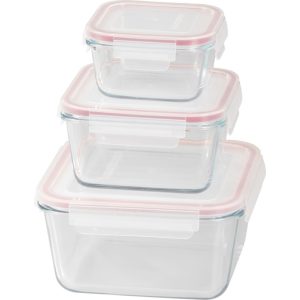 Tárolódoboz szett, MagicHome, átlátszó, 3 db, 450/1000/1900 ml, négyzet alakú, üveg, fedéllel, hermetikusan záródó, mosogatógépben mosható