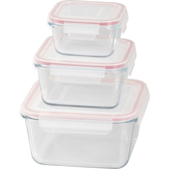 Tárolódoboz szett, MagicHome, átlátszó, 3 db, 450/1000/1900 ml, négyzet alakú, üveg, fedéllel, hermetikusan záródó, mosogatógépben mosható