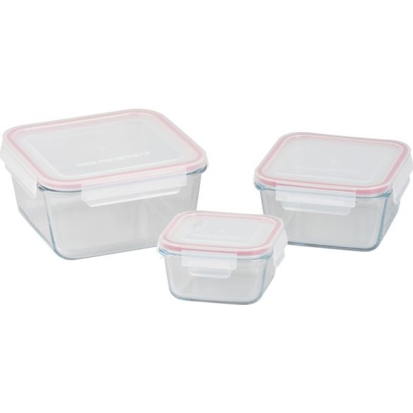 Tárolódoboz szett, MagicHome, átlátszó, 3 db, 450/1000/1900 ml, négyzet alakú, üveg, fedéllel, hermetikusan záródó, mosogatógépben mosható