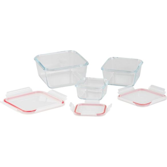 Tárolódoboz szett, MagicHome, átlátszó, 3 db, 450/1000/1900 ml, négyzet alakú, üveg, fedéllel, hermetikusan záródó, mosogatógépben mosható