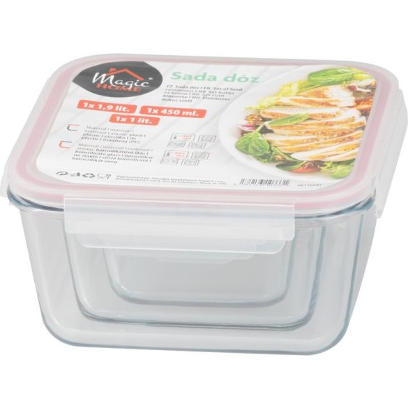 Tárolódoboz szett, MagicHome, átlátszó, 3 db, 450/1000/1900 ml, négyzet alakú, üveg, fedéllel, hermetikusan záródó, mosogatógépben mosható