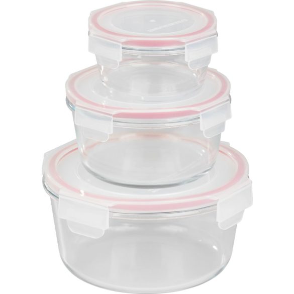 Tárolódoboz szett, MagicHome, átlátszó, 3 db, 370/800/1500 ml, kerek, fedéllel, boroszilikát üveg, mosogatógépben mosható, mikró- és sütőálló