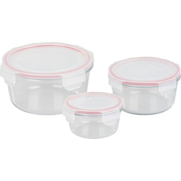 Tárolódoboz szett, MagicHome, átlátszó, 3 db, 370/800/1500 ml, kerek, fedéllel, boroszilikát üveg, mosogatógépben mosható, mikró- és sütőálló