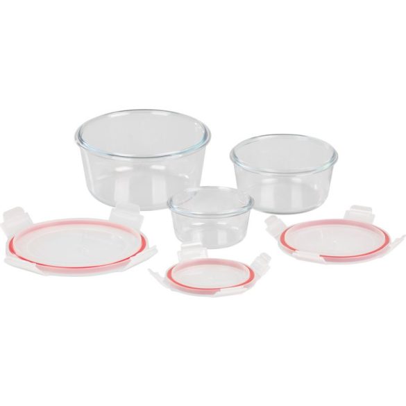 Tárolódoboz szett, MagicHome, átlátszó, 3 db, 370/800/1500 ml, kerek, fedéllel, boroszilikát üveg, mosogatógépben mosható, mikró- és sütőálló