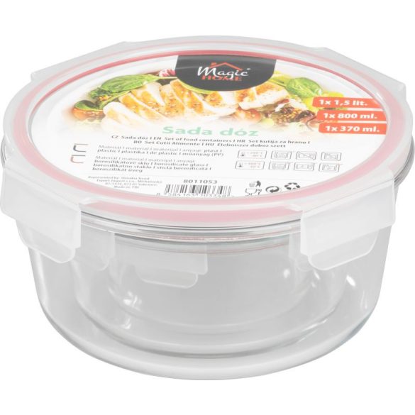 Tárolódoboz szett, MagicHome, átlátszó, 3 db, 370/800/1500 ml, kerek, fedéllel, boroszilikát üveg, mosogatógépben mosható, mikró- és sütőálló